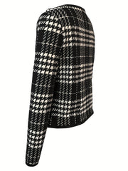Houndstooth Print Jacket Open Front Crew Neck Long Sleeve
