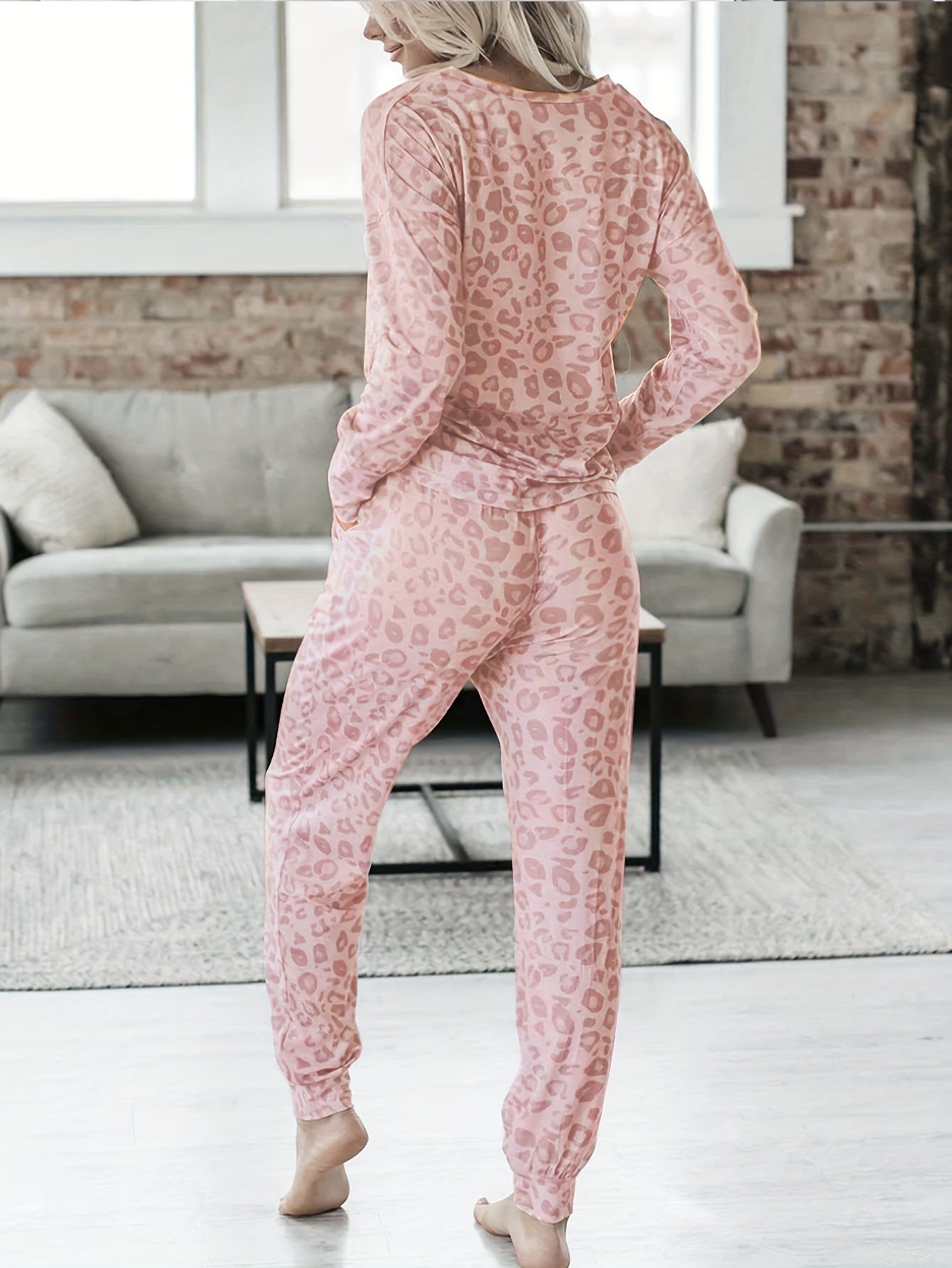 Leopard Print Lounge Set Long Sleeve V Neck Top & Lace Up Pants