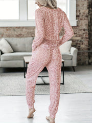 Leopard Print Lounge Set Long Sleeve V Neck Top & Lace Up Pants