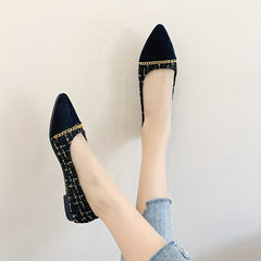 Women's Cap Toe Flat Shoes Chain Pointed Toe Tweed Ballet Flats
