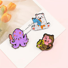 Animal Brooch Set Monkey Octopus Bear Pins for Girls Gift & Decoration