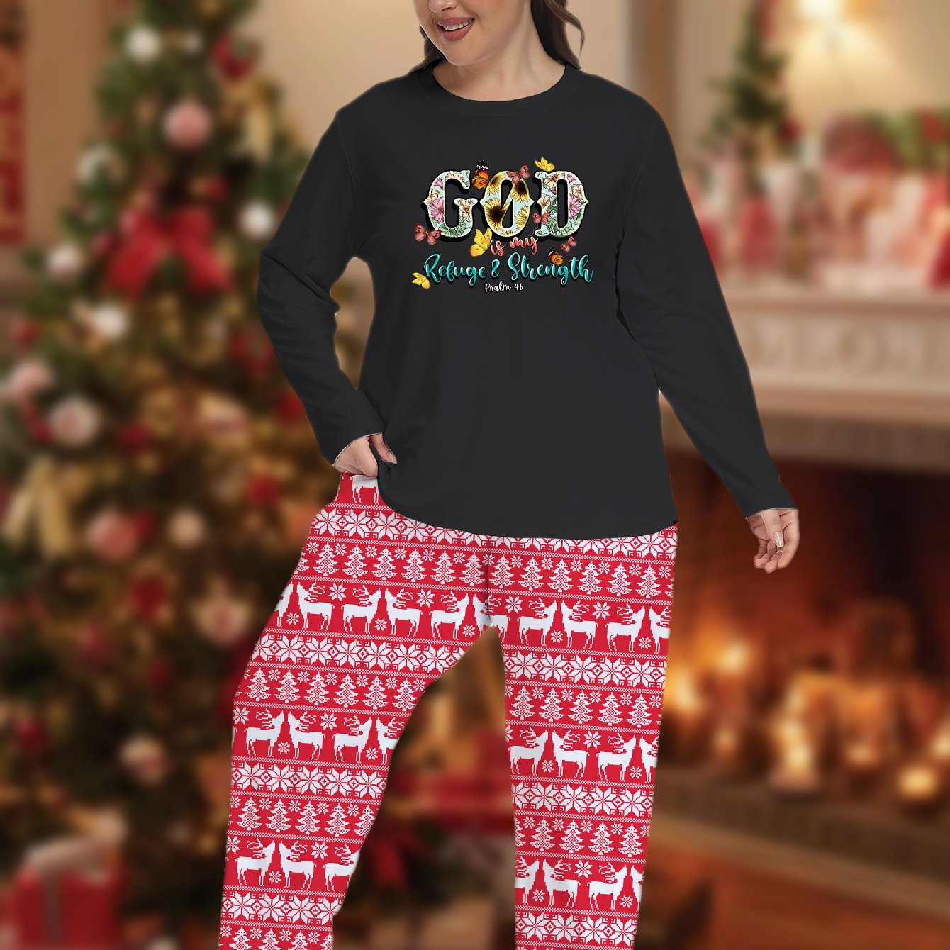 Christmas Pajama Set Women's Butterfly & Elk Print Long Sleeve T-shirt