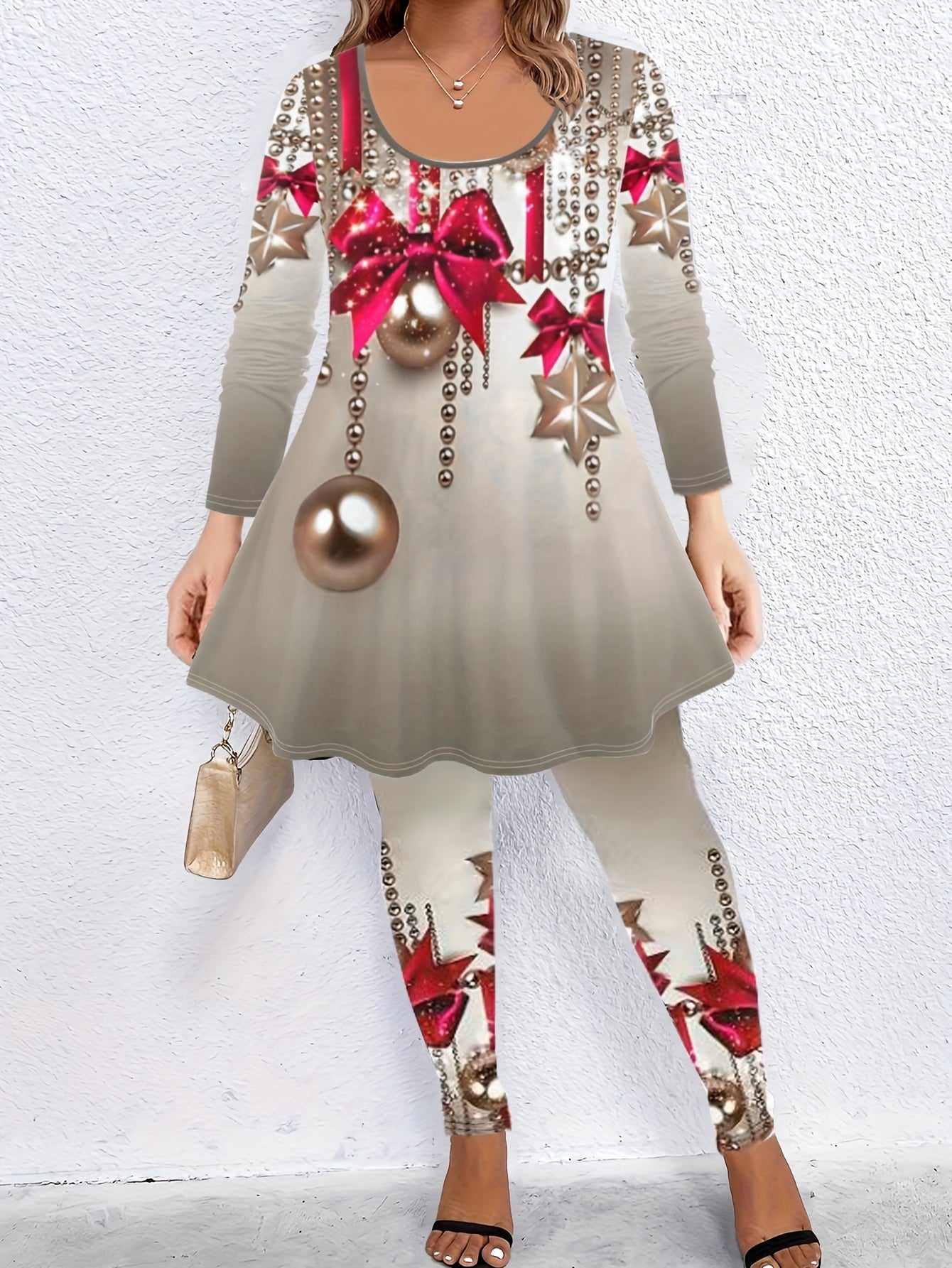 Women's Plus Ball & Bow Knot Tee & Leggings Outfits Set