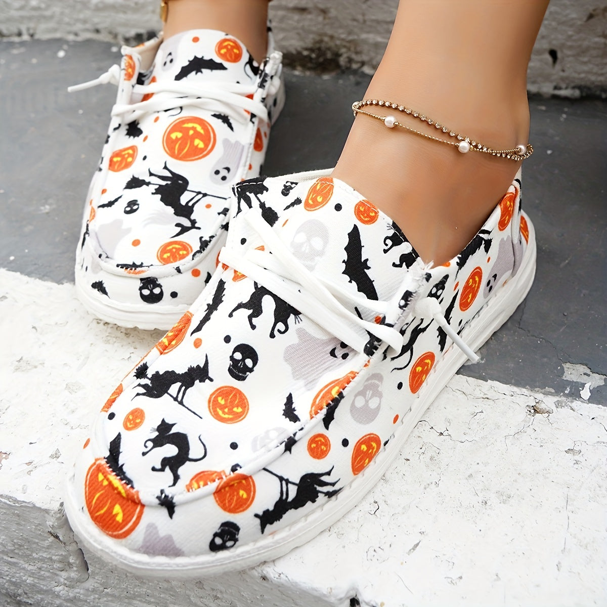 Women's Halloween Pumpkin Skull Print Flats Slip On Loafers