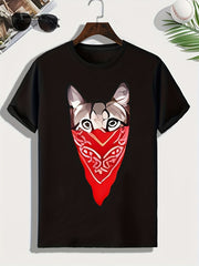 Men's Masked Cat Print Comfy Stretch Tee for Summer