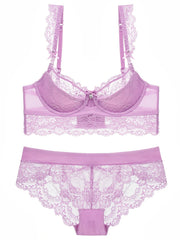 Lace Thin Cup Lingerie Set Breathable Semi Sheer Knitted Fabric Intimates