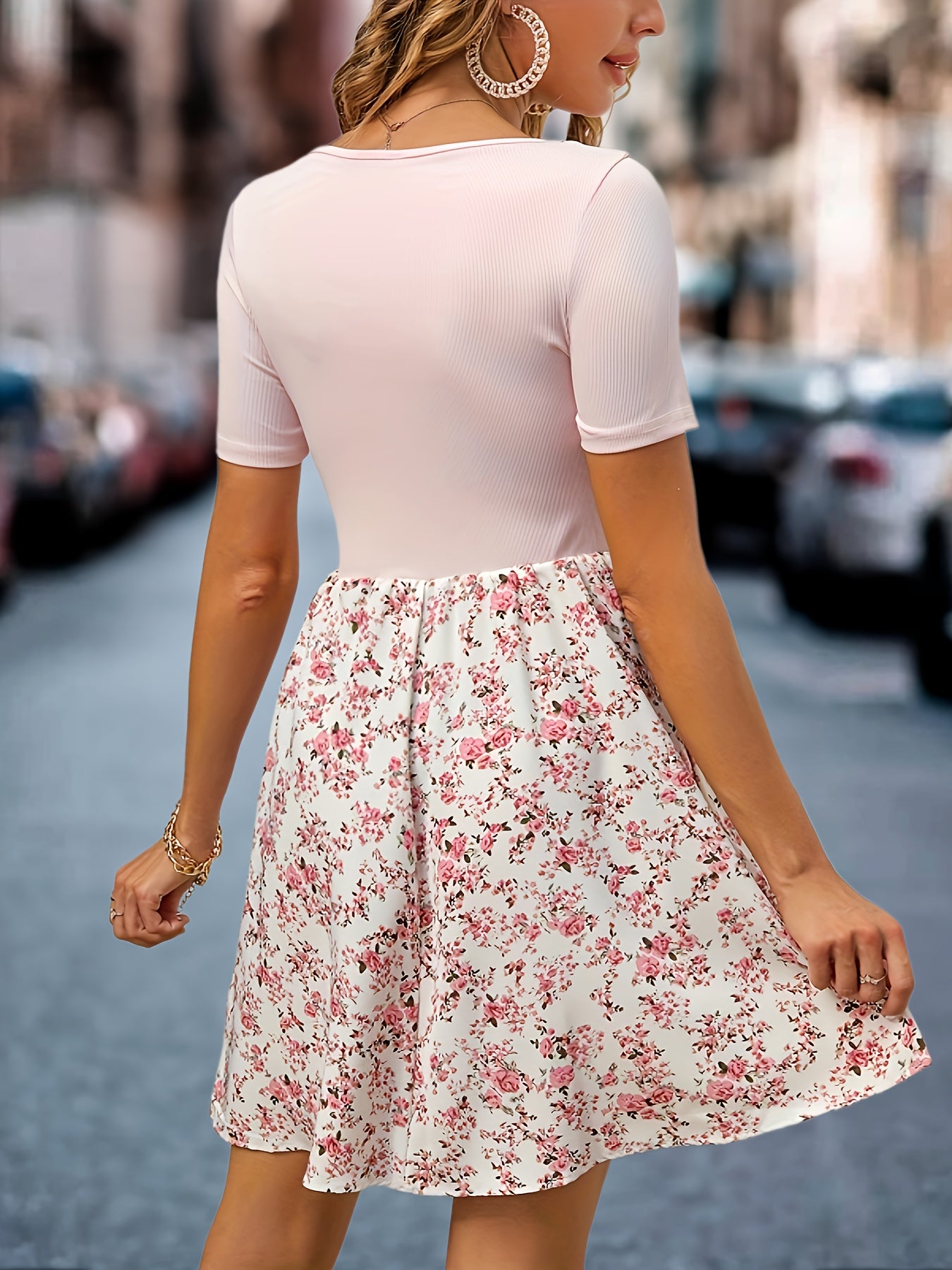 Floral Print Square Neck Dress Short Sleeve for Spring & Summer