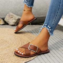 Women's Cross Strap Flat Sandals Open Toe Buckle Casual Slides