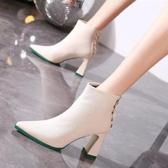 Chunky Heel Ankle Boots Zip Pointed Toe High Short Boots