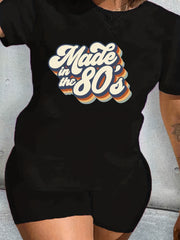 Plus Retro Letter Print Tee & Shorts 2pcs Set