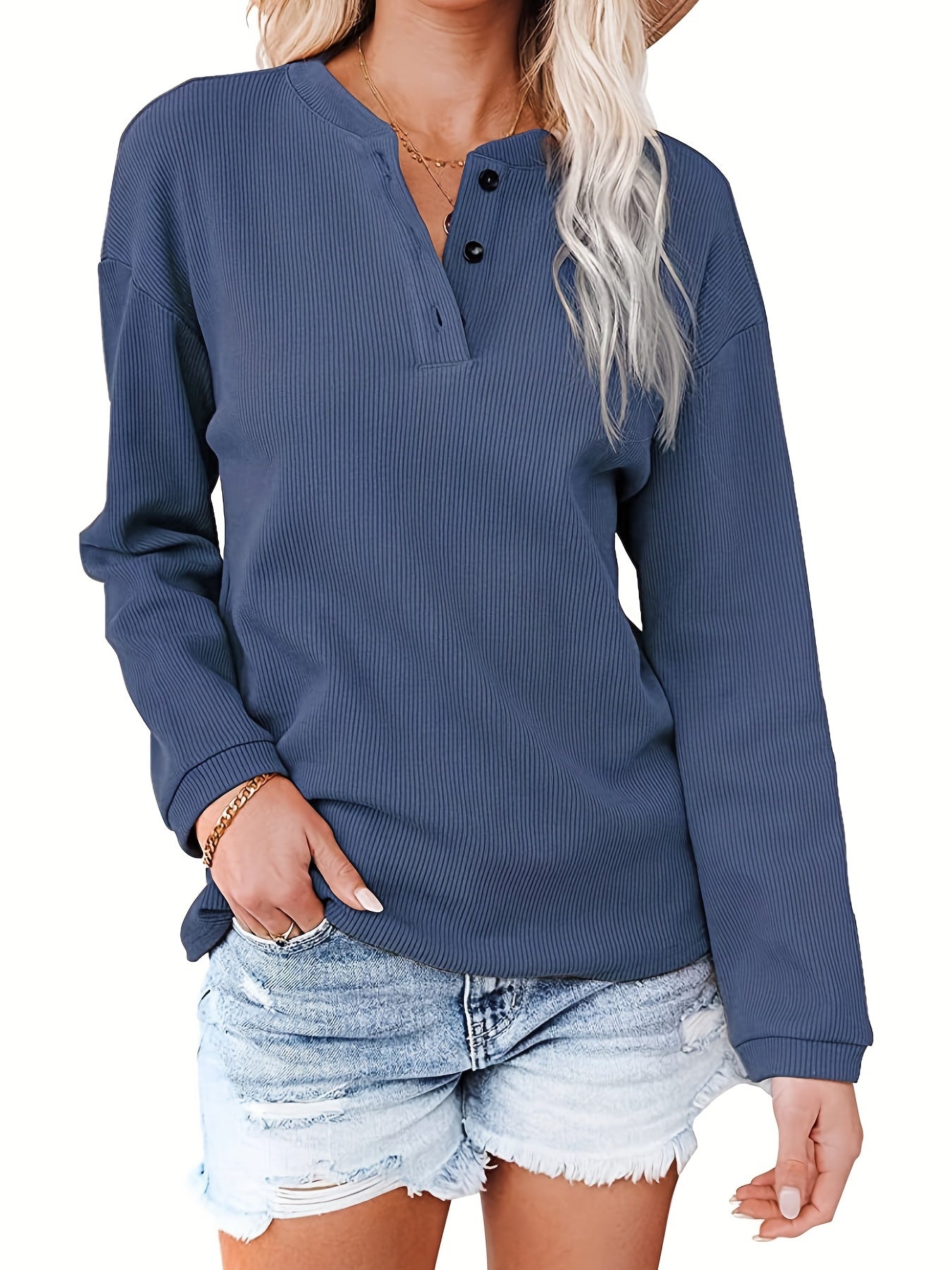 Casual Sweater Women's Plus Solid Ribbed Button Up Long Sleeve V Neck