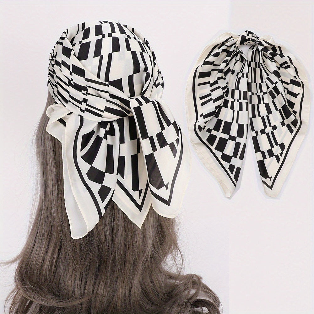Geometric Plaid Print Satin Square Scarf Bandana Women Head Scarf