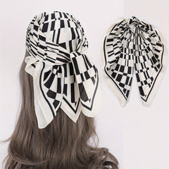 Geometric Plaid Print Satin Square Scarf Bandana Women Head Scarf