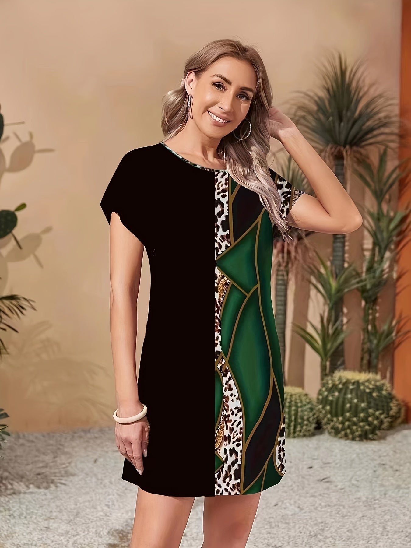 Random Print Crew Neck Casual Dress For Summer & Spring Women's Clothing