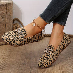 Leopard Print Flat Shoes Rhinestone Buckle Slip On Lightweight Walking Shoes