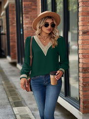 Solid Applique Long Puff Sleeve V Neck Top