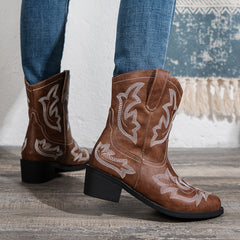 Women's Retro Embroidered Cowboy Mid Calf Boots