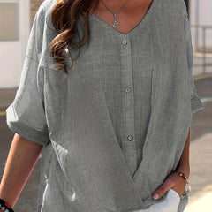Casual Blouse Women's Plus Solid Half Sleeve V Neck Button Decor Wrap