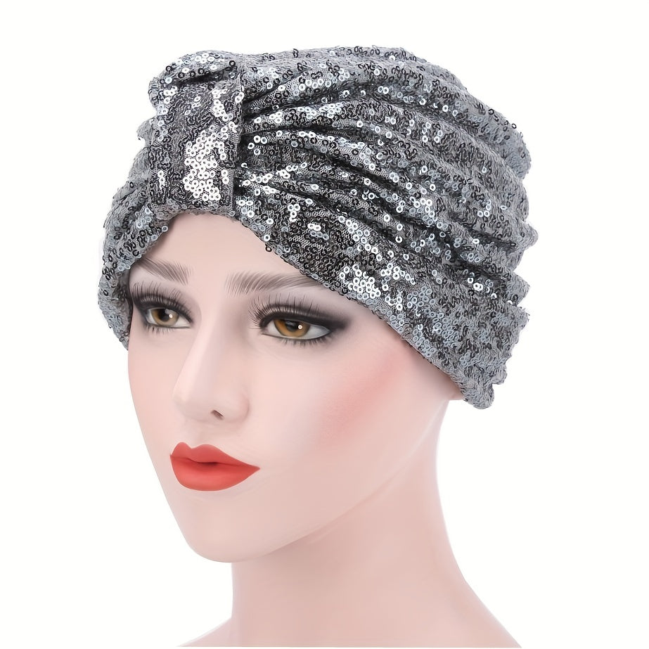 Sequin Bowknot Turban Cap Elastic Head Wrap Ramadan Head Scarf for Women