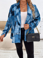 Denim Print Long Sleeve Open Front Blazer