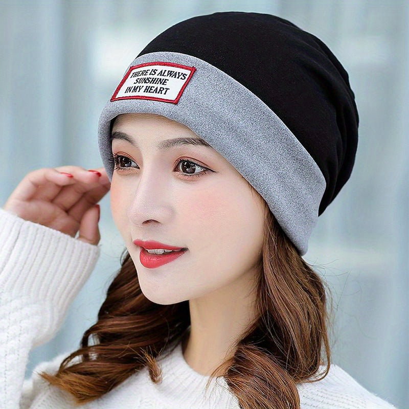 Stylish Label Decor Beanie Block Warm Skull Cap Elastic Knit Hat