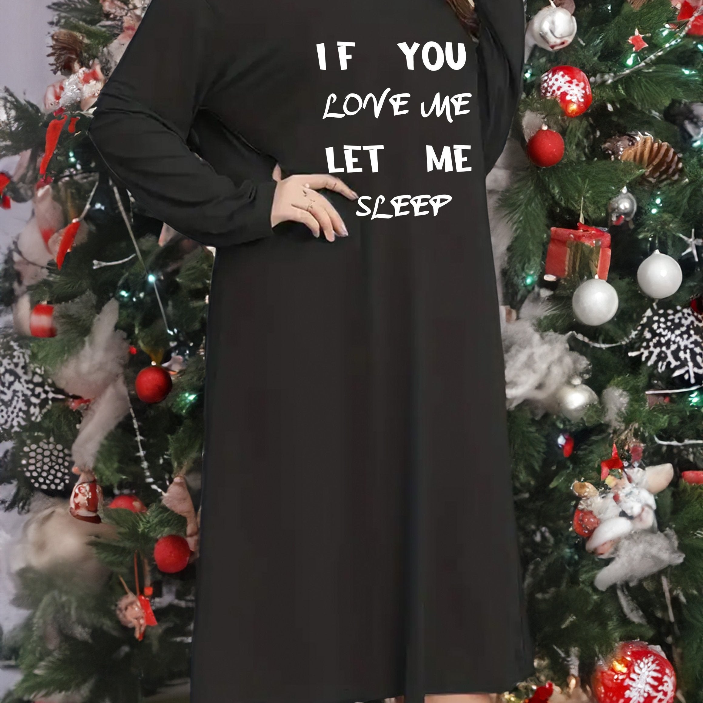Nightdress Women's Plus Slogan Print Long Sleeve Round Neck