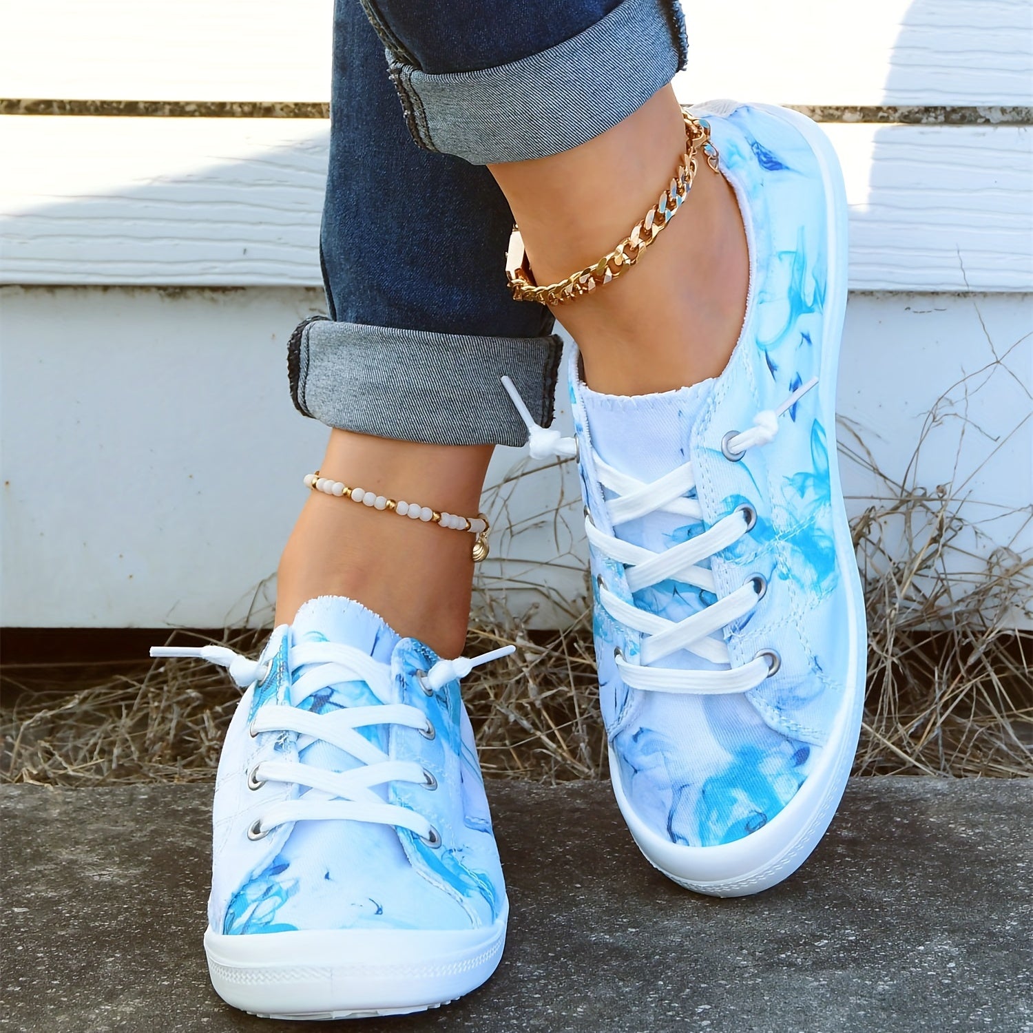 Women's Ink Print Canvas Shoes Lace Up Flat Walking Shoes Lightweight