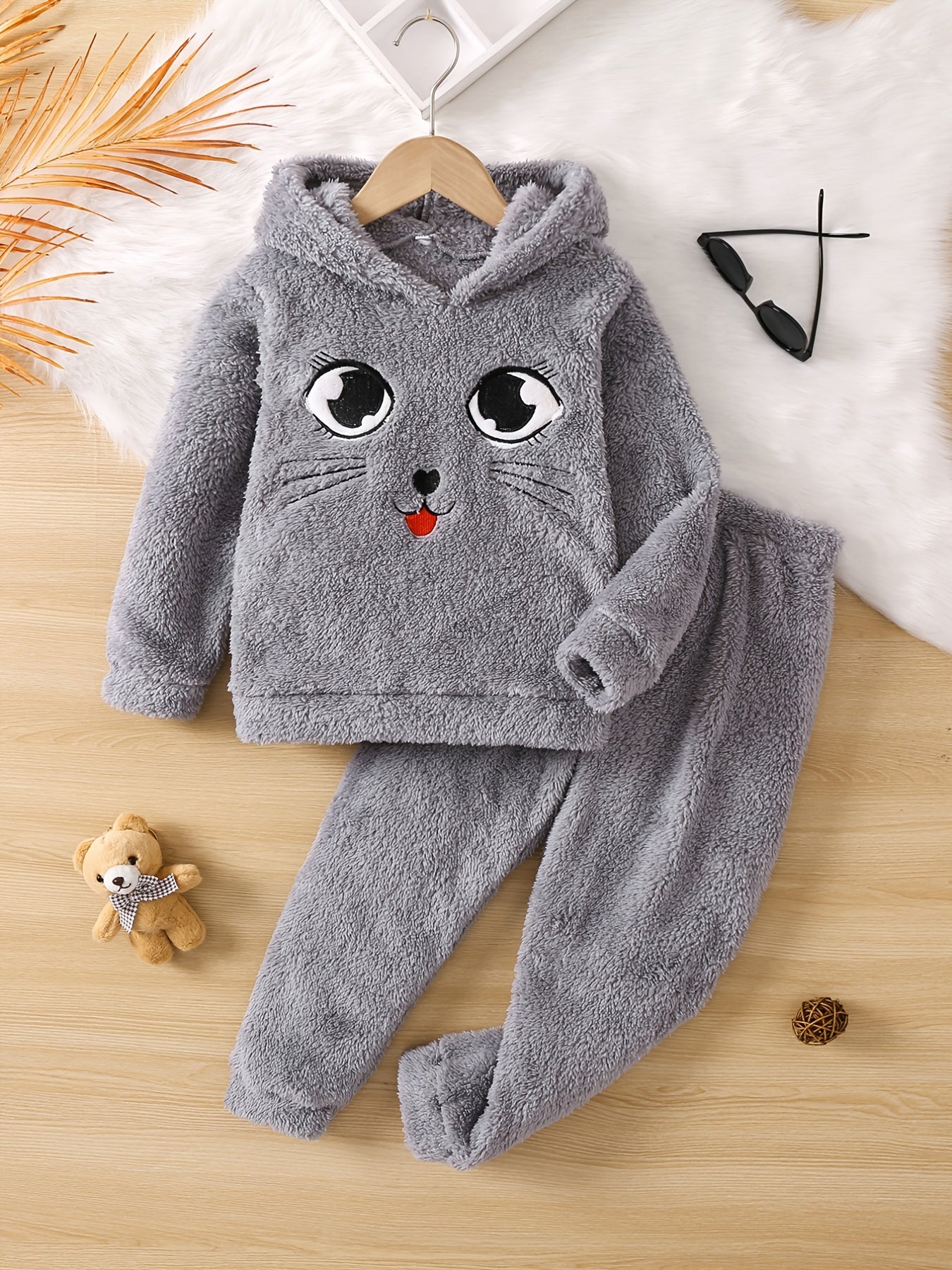 Girls Cartoon Fleece Hooded Sweatshirt & Pants Set