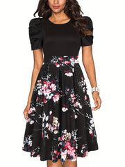 Vintage Floral Crew Neck Dress Short Sleeve Party Dress