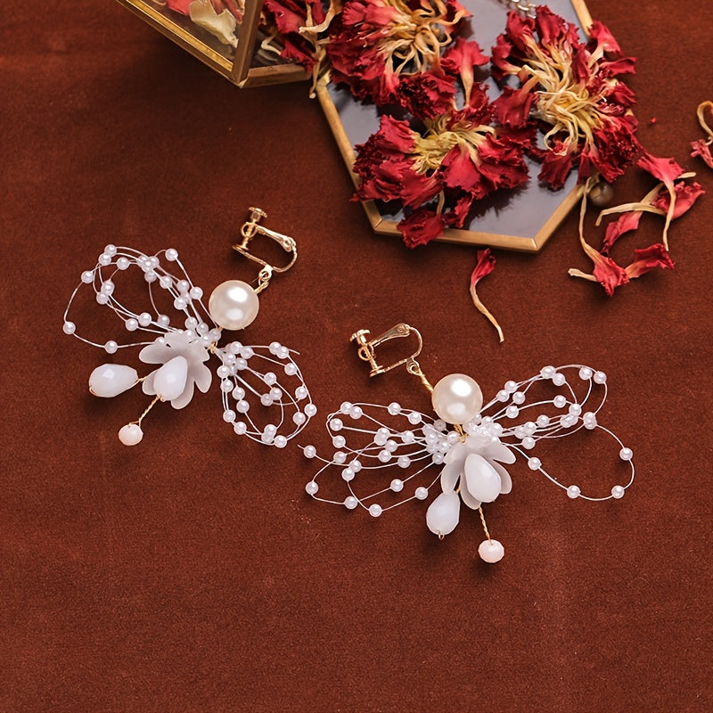 Boho Wedding Bride Pearl Crown Hairband Earrings Set Bridal Jewelry