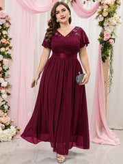 Floral Lace Ruffle Sleeve V Neck Evening Dress