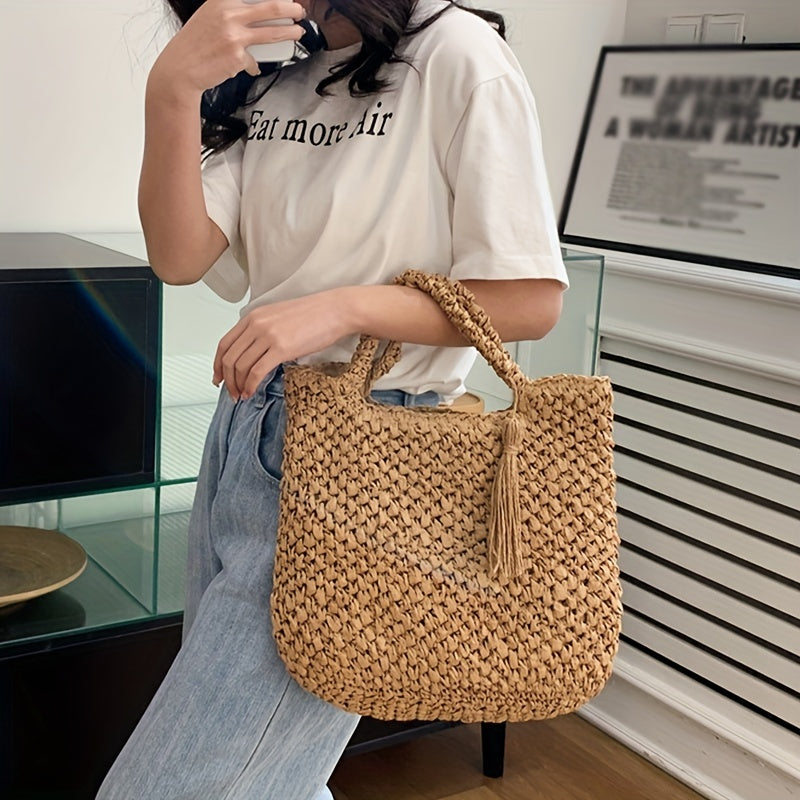 Large Capacity Straw Handbag Lightweight Braided Satchel Bag With Tassel