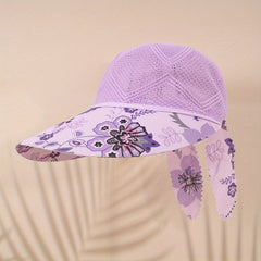 Wide Brim Sun Hat Visors Mesh Flower Print Casual Hat UV Protection