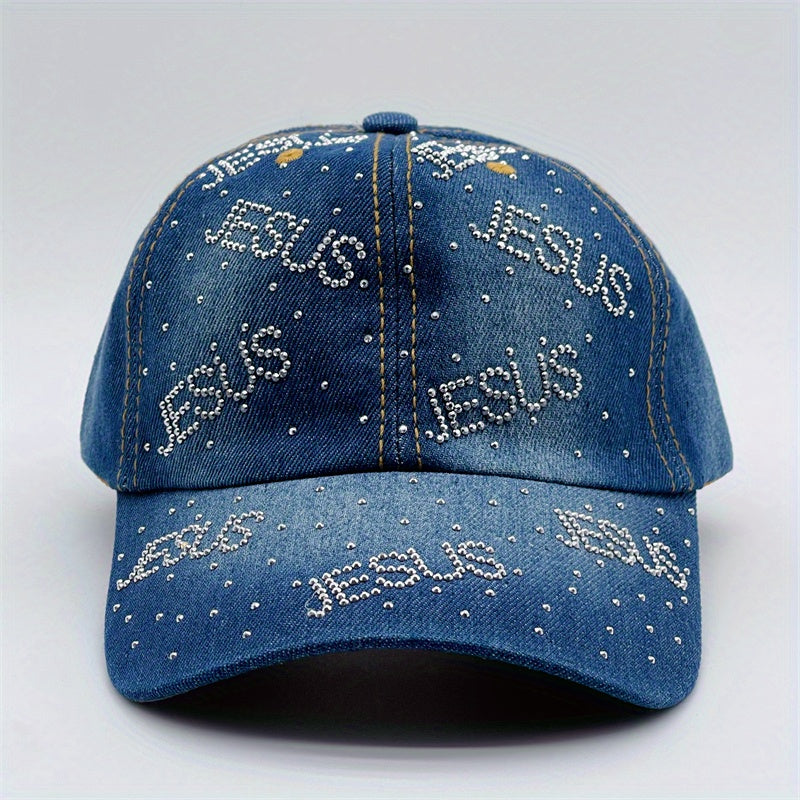 Rhinestone Decor Denim Baseball Cap Distressed Dad Hat Hip Hop Couple Sun Hats