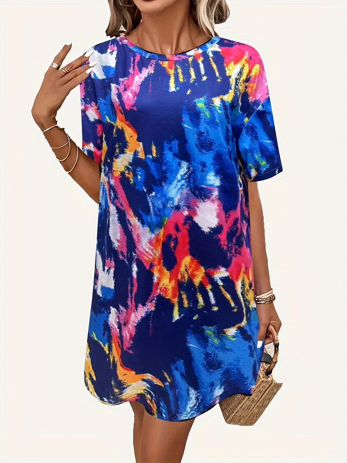 Tie Dye Crew Neck Short Sleeve Dress Women's Clothing