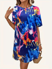 Tie Dye Crew Neck Short Sleeve Dress Women's Clothing