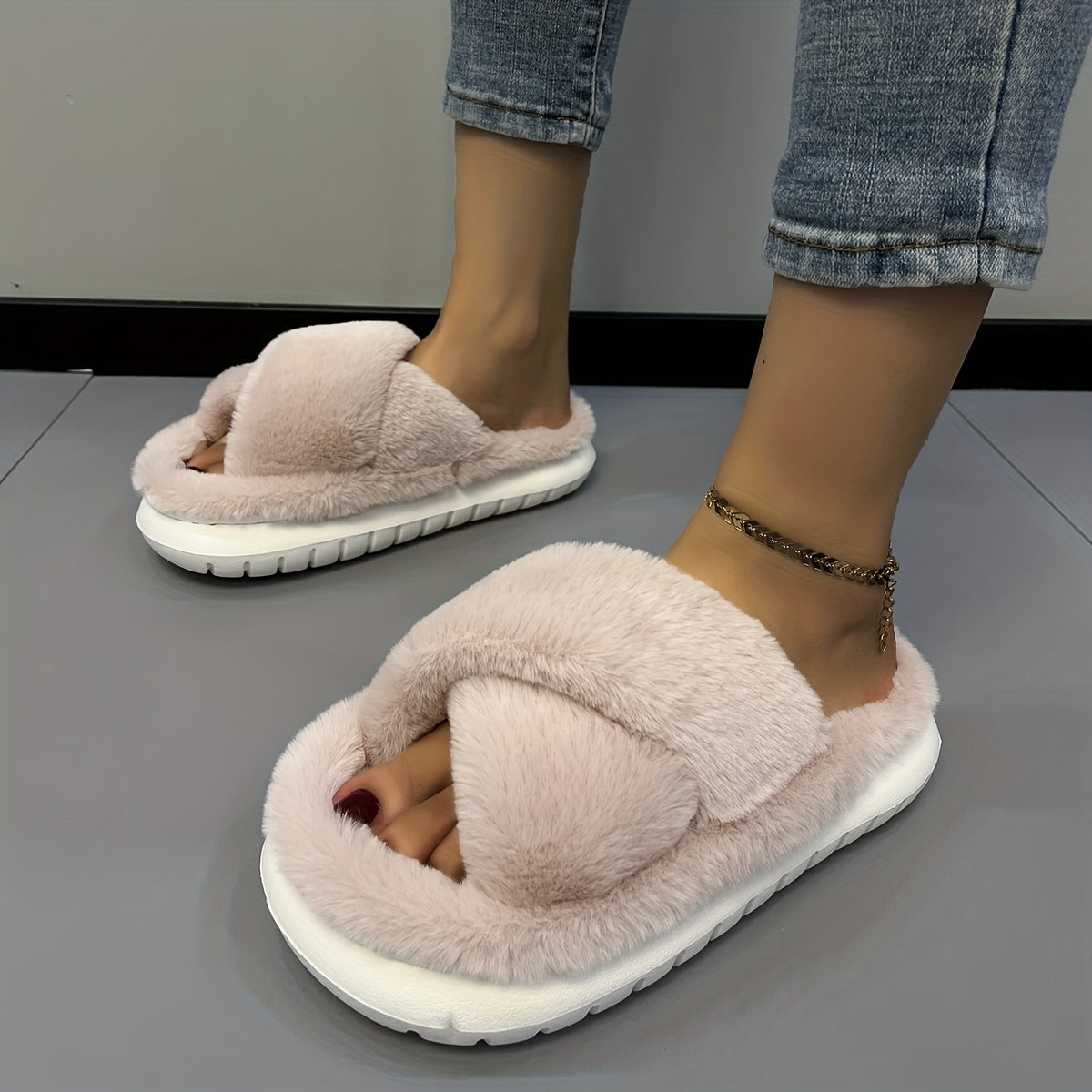 Women's Pink Fuzzy Platform Slippers Open Toe Solid Fluffy Shoes