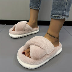 Women's Pink Fuzzy Platform Slippers Open Toe Solid Fluffy Shoes