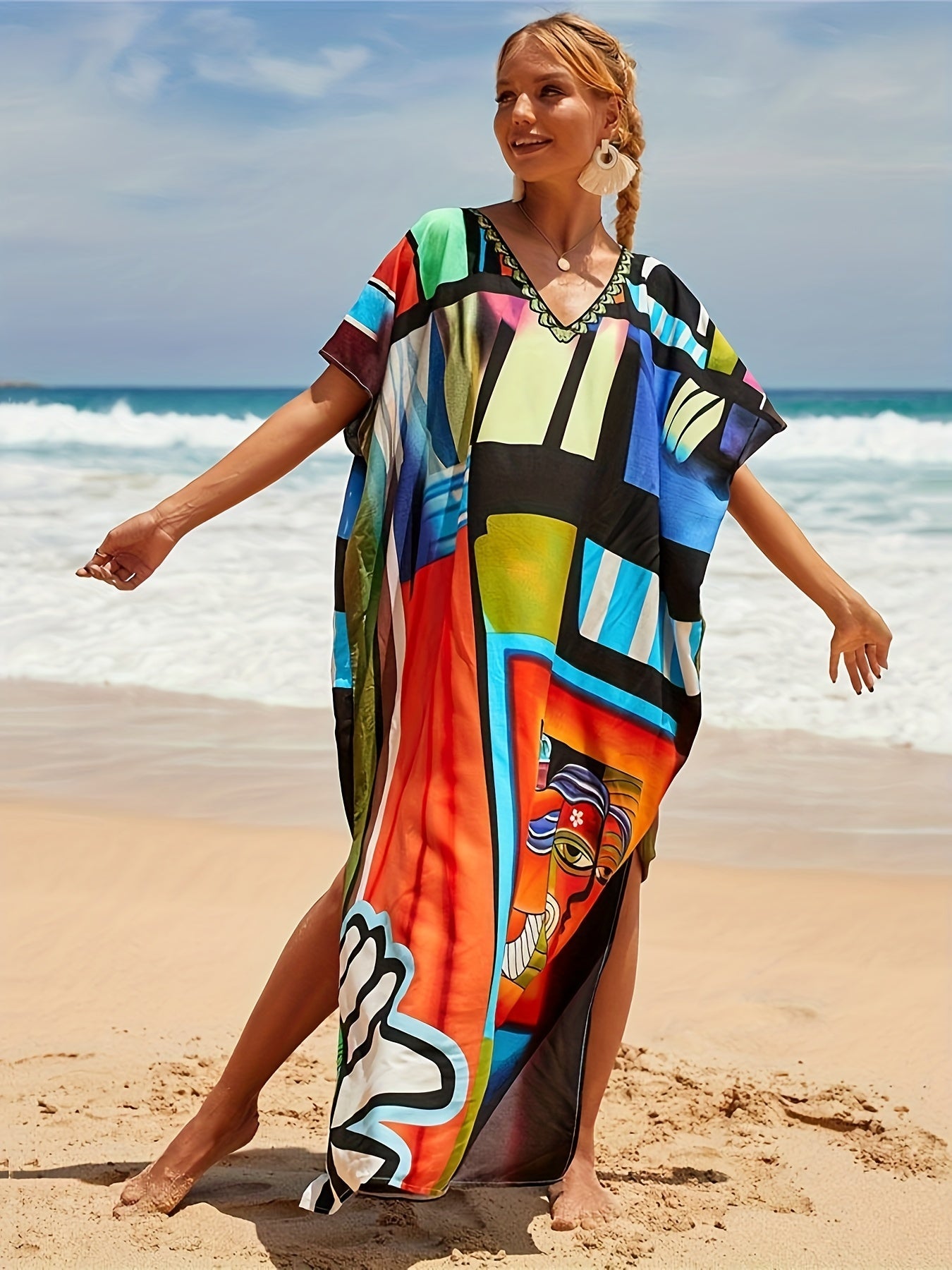 Boho Cover Up Women's Plus Tie Dye Bat Sleeve V Neck Split Loose Beach