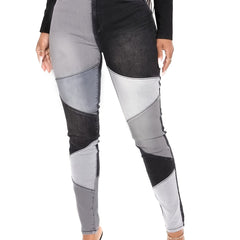 Patchwork Mid Waist Denim Pants Colorblock Stretchy Denim Jeans