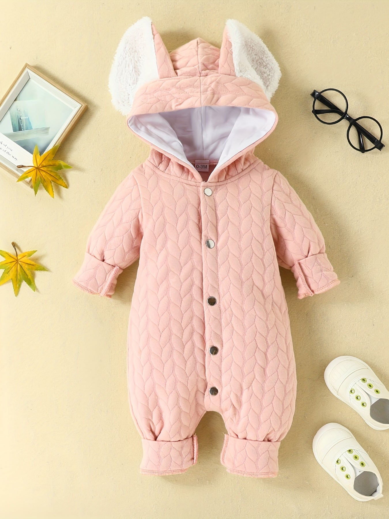 Baby Girls Rabbit Ear Hooded Warm Jumpsuit Romper
