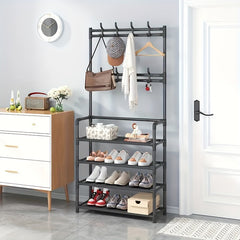 Entrance Coat Rack Shoe Rack with Storage Shelves and Hooks