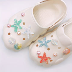 13pcs Shoe Charms For Crocs Translucent Starfish & Shell Pearl Summer Beach