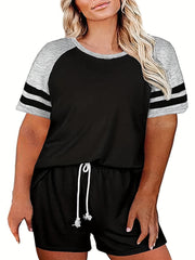 Colorblock Stripe Print Tee & Drawstring Shorts Set