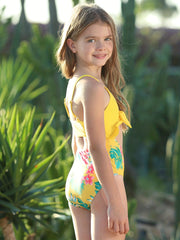Toddler Girls Flowers Graphic Cut Out Ruffle Cami Swimsuit
