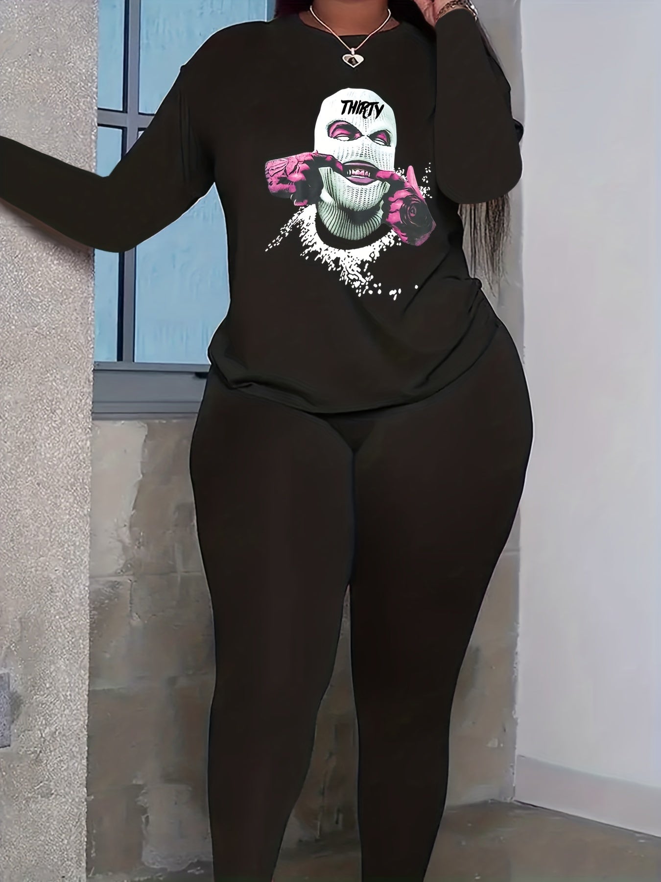 Women's Halloween 2 Piece Set, Cartoon & Letter Print Top & Leggings