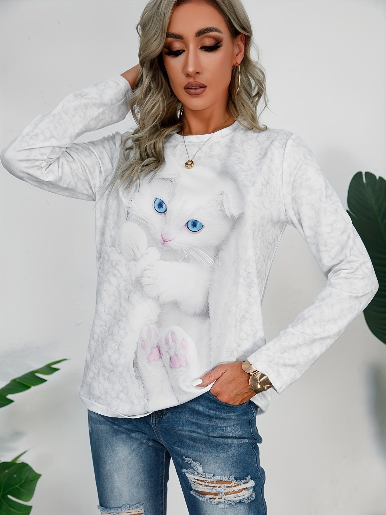 Cat Print Crew Neck Sweatshirt for Women