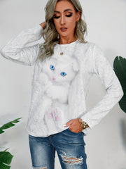 Cat Print Crew Neck Sweatshirt for Women