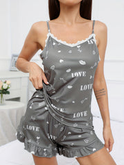 Heart & Letter Print Pajama Set with Lace Trim V Neck Cami Top & Ruffle Shorts