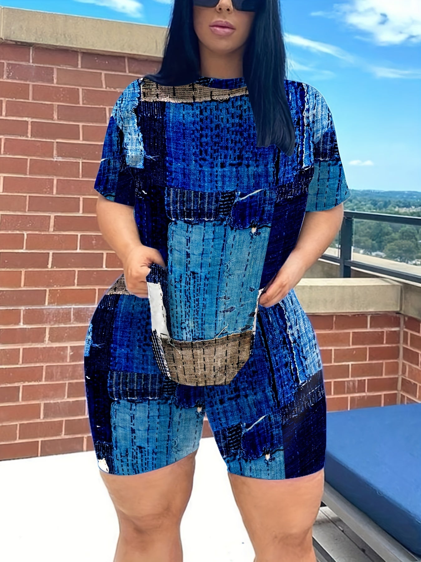 Denim Print Top & Shorts Plus Size Set